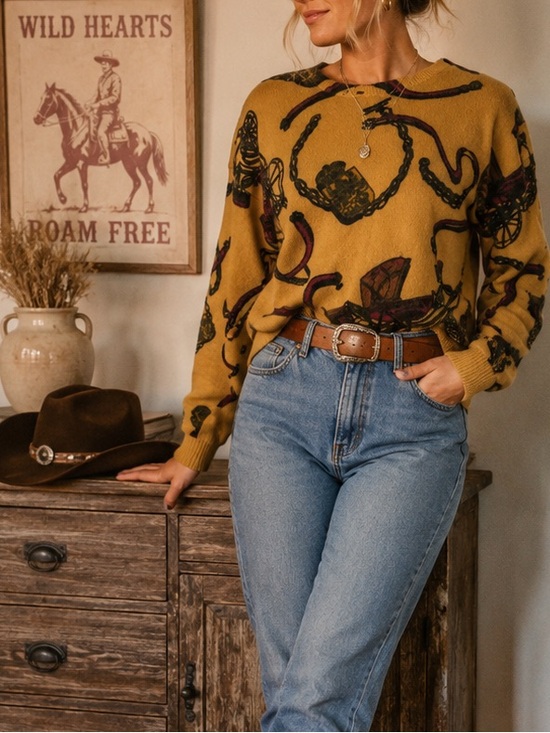 Vintage Sweaters - Vintage 90s Mustard Western Equestrian Print Sweater Shoulder Pads Estimated M/L